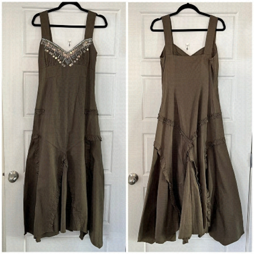 Together Lagenlook Boho Hippie Olive Green Metal Sequin Distressed Ruffled Dress